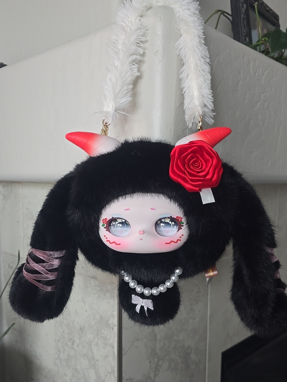 Samael Black Bunny Fur Crossbody Bag with Red Rose And Cute Pointy Horns